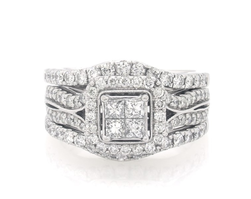 Main Image 1 of Previously Owned Princess-Cut Quad Diamond Halo Bridal Set 1-5/8 ct tw 14K White Gold Size 8.25