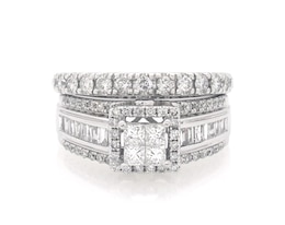 Previously Owned Princess-Cut Quad Diamond Halo Bridal Set 1-3/8 ct tw 14K White Gold Size 7.25