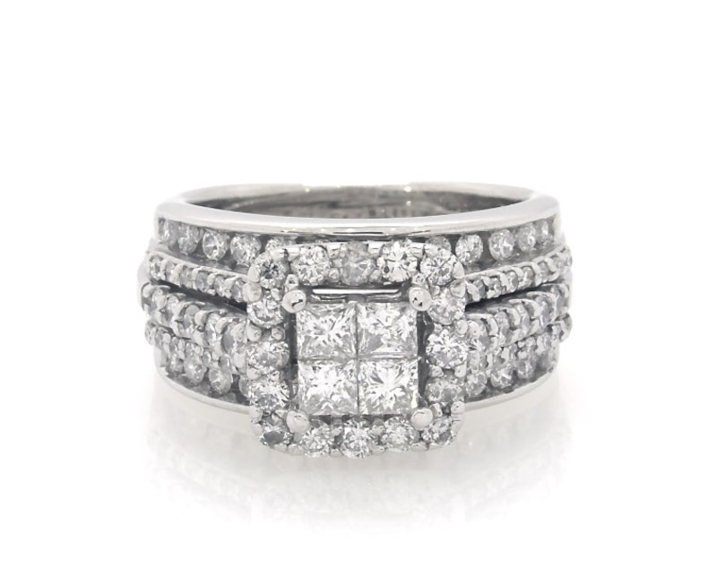 Main Image 1 of Previously Owned Princess-Cut Quad Diamond Halo Bridal Set 1-3/8 ct tw 14K White Gold Size 4.5