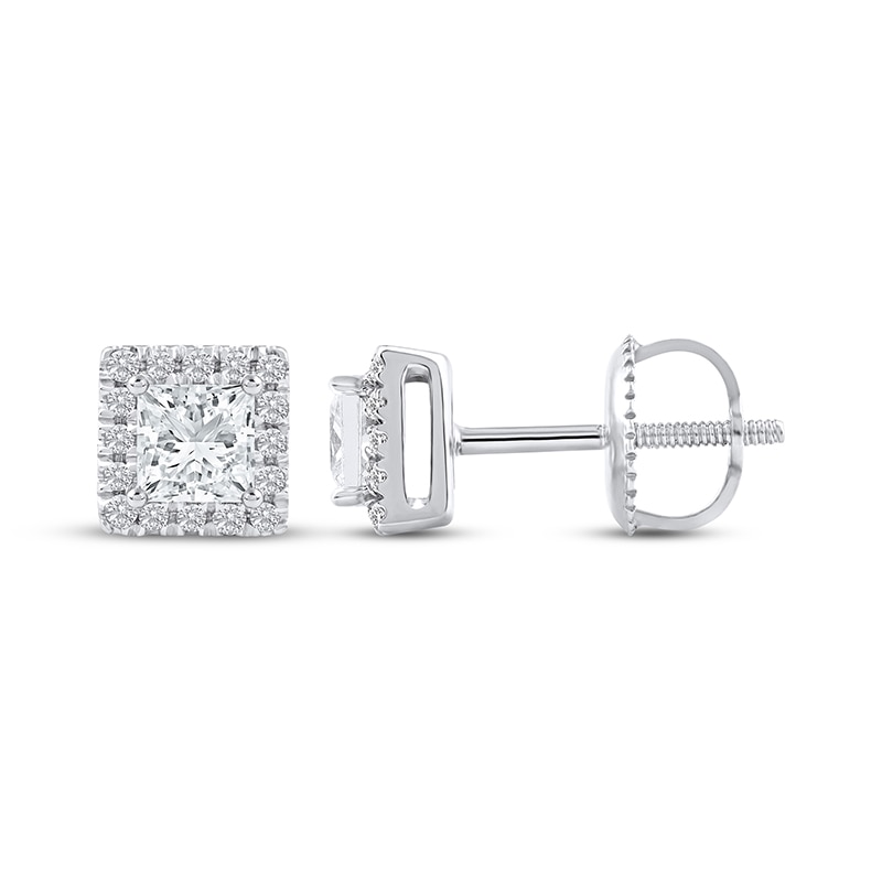 Main Image 3 of Previously Owned KAY Lab-Grown Diamonds Princess-Cut Stud Earrings 1/2 ct tw 14K White Gold (F/SI2)