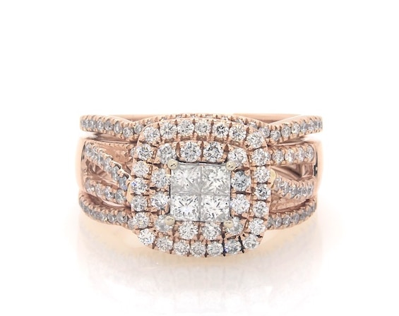 Previously Owned Princess-Cut Quad Double Halo Bridal Set 1-3/8 ct tw 14K Two-Tone Gold Size 7.75