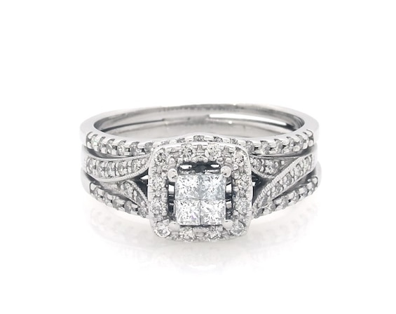 Previously Owned Princess-Cut Quad Diamond Halo Bridal Set 5/8 ct tw 14K White Gold Size 7.75