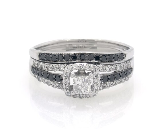 Previously Owned Princess-Cut White Diamond & Black Diamond Bridal Set 1 ct tw 10K White Gold Size 10.75