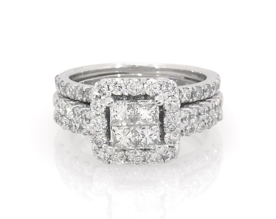 Previously Owned Princess-Cut Quad Diamond Bridal Set 1-3/8 ct tw 14K White Gold Size 4.5