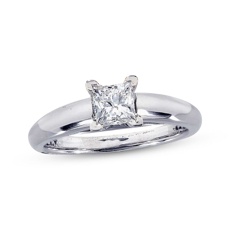 Main Image 1 of Previously Owned Certified Princess-Cut Diamond Solitaire Engagement Ring 3/4 ct tw 14K White Gold & Platinum (F/I1)