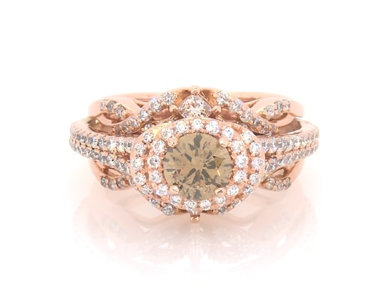 Previously Owned Round-Cut Brown & White Diamond Bridal Set 1-5/8 ct tw 14K Rose Gold Size 5