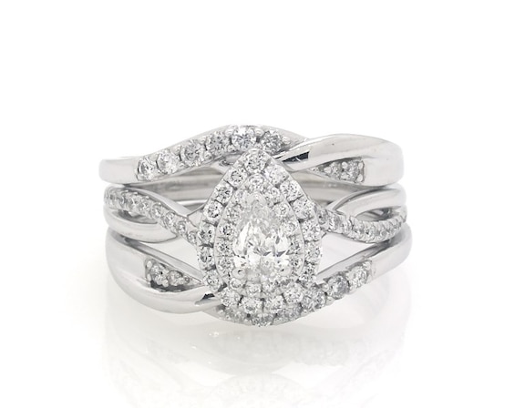 Previously Owned Pear-Shaped Diamond Double Halo Bridal Set 5/8 ct tw 14K White Gold Size 5.75