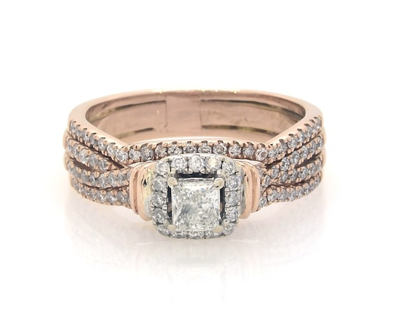 Previously Owned Princess-Cut Diamond Halo Bridal Set 7/8 ct tw 14K Two-Tone Gold Size