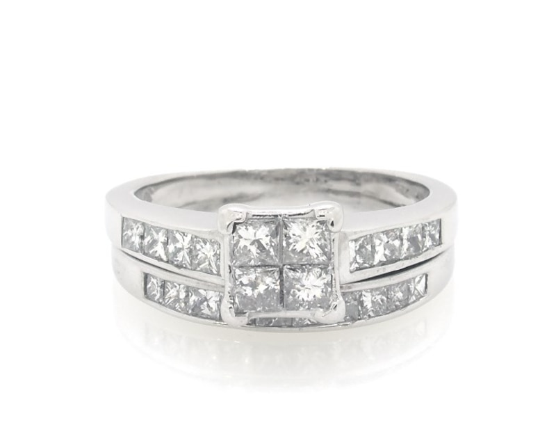 Main Image 1 of Previously Owned Princess-Cut Quad Diamond Bridal Set 1-1/6 ct tw 14K White Gold Size 6.75