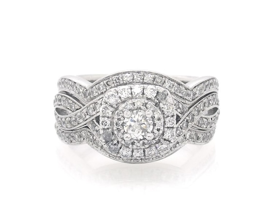 Previously Owned Neil Lane Round-Cut Diamond Double Halo Bridal Set 7/8 ct tw 14K White Gold Size 8