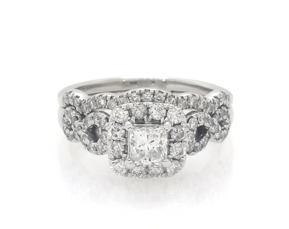 Previously Owned Princess-Cut Diamond Halo Bridal Set 1 ct tw 14K White Gold Size 6.75