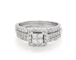 Previously Owned Princess-Cut Quad Diamond Halo Bridal Set 7/8 ct tw 14K White Gold Size 4.75