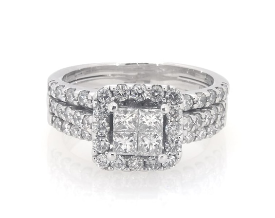 Previously Owned Princess-Cut Quad Diamond Halo Bridal Set 1-1/2 ct tw 14K White Gold Size 6
