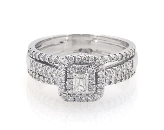 Previously Owned Emerald-Cut Diamond Double Halo Bridal Set 5/8 ct tw 14K White Gold Size 7.25