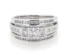 Previously Owned Princess-Cut Diamond Three-Stone Bridal Set 1-1/5 ct tw 14K White Gold Size 7.25