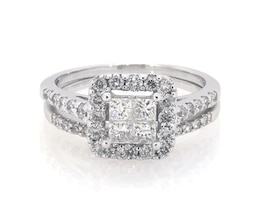 Previously Owned Princess-Cut Quad Diamond Halo Bridal Set 1 ct tw 14K White Gold Size 6.5
