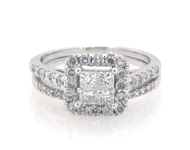 Main Image 1 of Previously Owned Princess-Cut Quad Diamond Halo Bridal Set 1 ct tw 14K White Gold Size 6.5