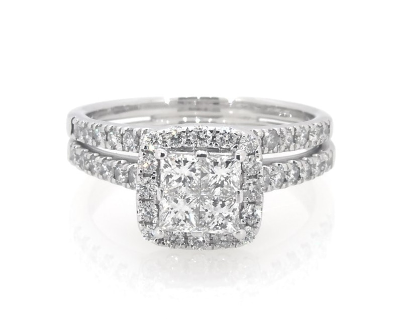 Main Image 1 of Previously Owned Princess-Cut Quad Diamond Halo Bridal Set 1-1/6 ct tw 14K White Gold Size 7