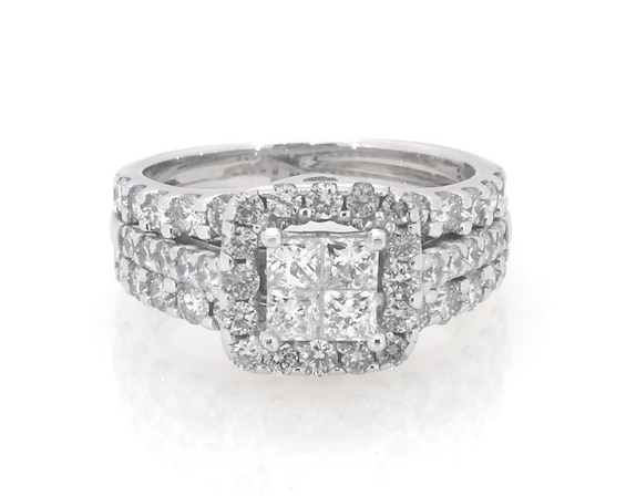 Previously Owned Princess-Cut Quad Diamond Halo Bridal Set 1-7/8 ct tw 14K White Gold 6