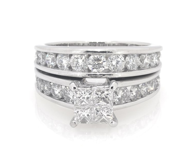 Main Image 1 of Previously Owned Princess-Cut Quad Diamond Bridal Set 3 ct tw 14K White Gold Size 9.75