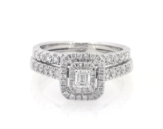 Previously Owned Emerald-Cut Diamond Double Halo Bridal Set 3/4 ct tw 10K White Gold 5.25