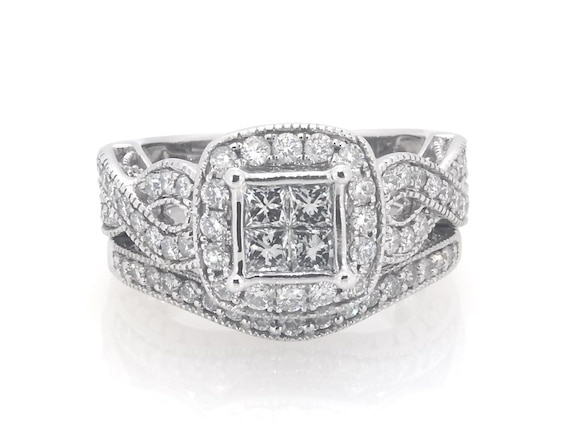 Previously Owned Princess-Cut Quad Diamond Halo Bridal Set 1-1/8 ct tw 10K White Gold 5.75