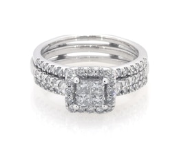 Previously Owned Princess-Cut Quad Diamond Halo Bridal Set 5/8 ct tw 14K White Gold Size 4.25
