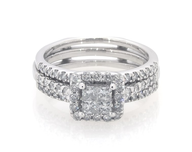 Main Image 1 of Previously Owned Princess-Cut Quad Diamond Halo Bridal Set 5/8 ct tw 14K White Gold Size 4.25