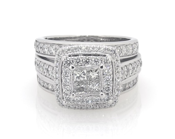 Previously Owned Princess-Cut Quad Diamond Double Halo Bridal Set 1-3/4 ct tw 14K White Gold Size 7