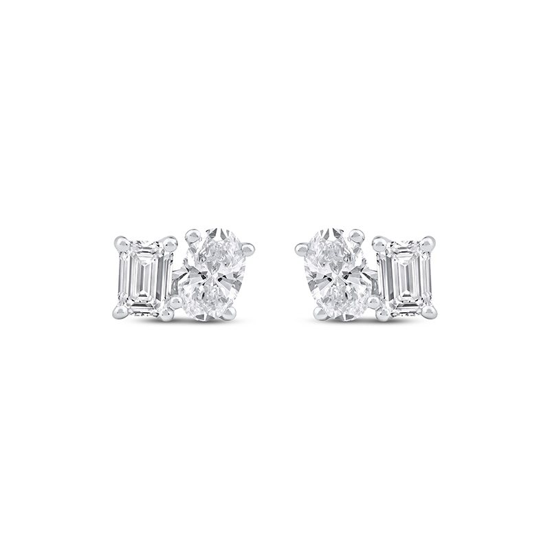Main Image 2 of Previously Owned Toi et Moi Lab-Grown Diamond Emerald & Oval-Cut Stud Earrings 1 ct tw 14K White Gold
