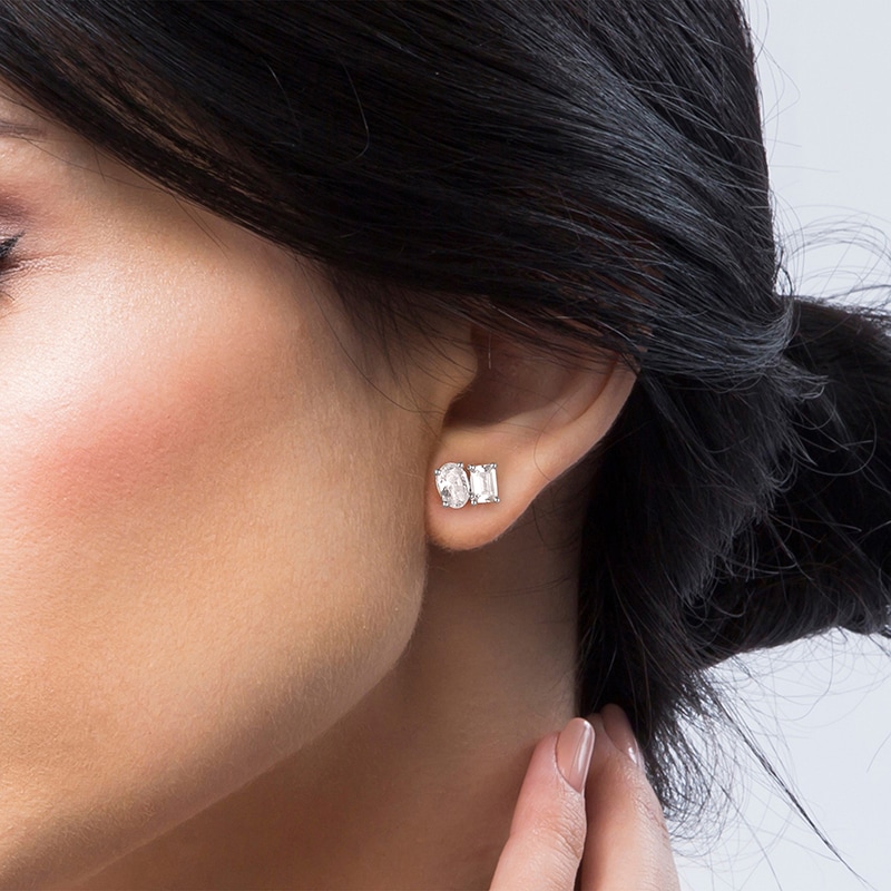 Main Image 4 of Previously Owned Toi et Moi Lab-Grown Diamond Emerald & Oval-Cut Stud Earrings 1 ct tw 14K White Gold