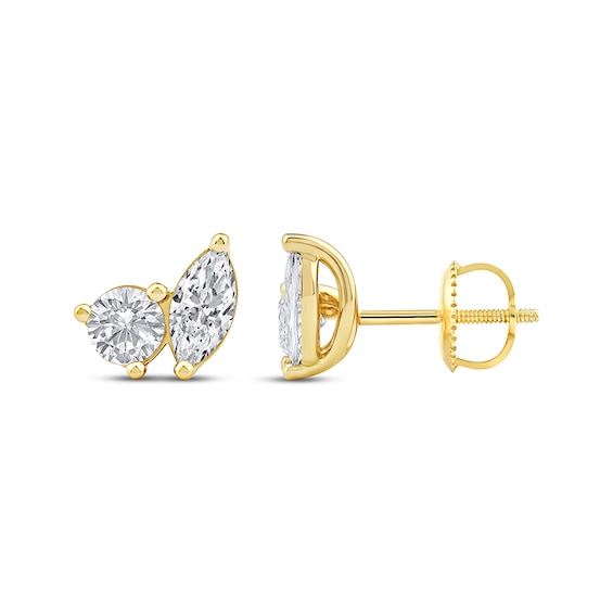 Previously Owned Toi et Moi Lab-Grown Diamond Round & Marquise-Cut Stud Earrings 1 ct tw 14K Yellow Gold