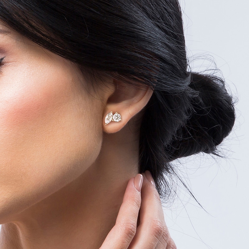Main Image 4 of Previously Owned Toi et Moi Lab-Grown Diamond Round & Marquise-Cut Stud Earrings 1 ct tw 14K Yellow Gold