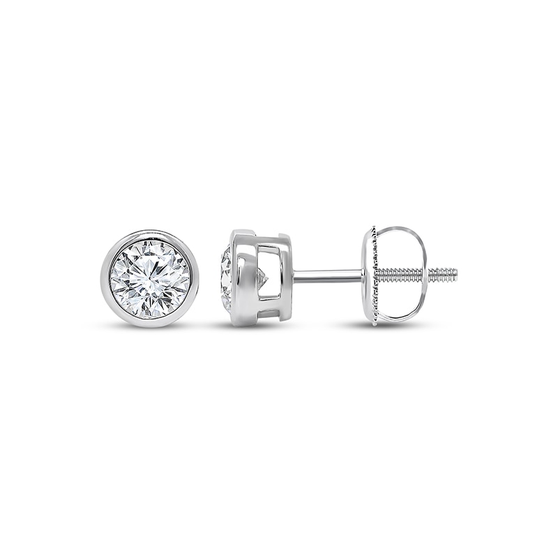 Main Image 1 of Previously Owned KAY Lab-Grown Diamonds Round-Cut Bezel-Set Solitaire Stud Earrings 1 ct tw 14K White Gold (F/SI2)