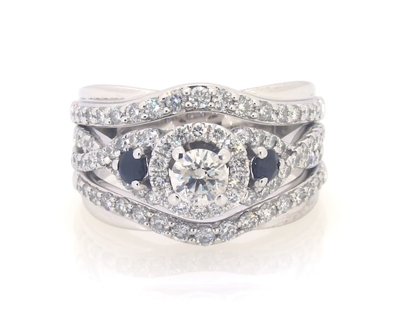 Previously Owned Round-Cut Diamond & Blue Sapphire Bridal Set 1-1/6 ct tw 14K White Gold Size 6