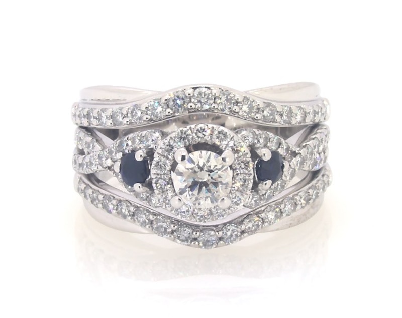 Main Image 1 of Previously Owned Round-Cut Diamond & Blue Sapphire Bridal Set 1-1/6 ct tw 14K White Gold Size 6