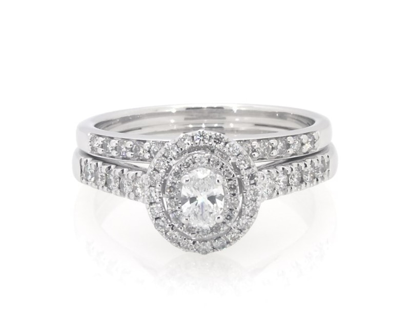 Main Image 1 of Previously Owned Oval-Cut Diamond Double Halo Bridal Set 1/2 ct tw 10K White Gold Size 6.75