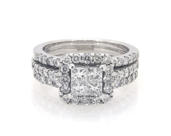 Previously Owned Princess-Cut Quad Diamond Halo Bridal Set 1-3/8 ct tw 14K White Gold Size
