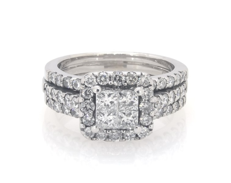 Main Image 1 of Previously Owned Princess-Cut Quad Diamond Halo Bridal Set 1-3/8 ct tw 14K White Gold Size 5.25