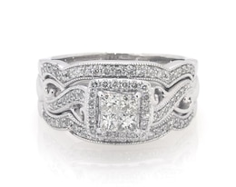 Previously Owned Princess-Cut Quad Diamond Twist Shank Soldered Bridal Set 7/8 ct tw 14K White Gold Size 8.75