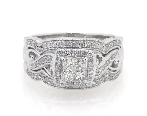 Previously Owned Princess-Cut Quad Diamond Twist Shank Soldered Bridal Set 7/8 ct tw 14K White Gold Size 8.75