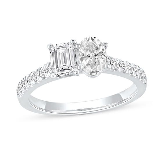 Previously Owned Toi et Moi Emerald & Oval-Cut Lab-Grown diamond Engagement ring 1-1/4 ct tw 14K White Gold