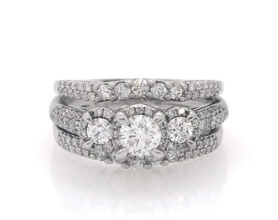 Previously Owned Round-Cut Three-Stone Diamond Halo Bridal Set 1-3/8 ct tw 14K White Gold Size 7.5
