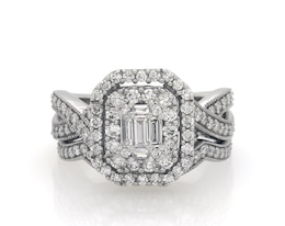Previously Owned Baguette-Cut Diamond Double Halo Bridal Set 1-1/8 ct tw 14K White Gold Size 6.5