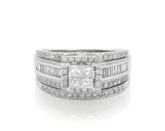 Previously Owned Princess-Cut Quad Diamond Halo Bridal Set 1 ct tw 14K White Gold 7.5