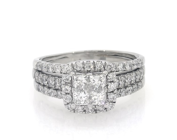 Previously Owned Princess-Cut Quad Diamond Halo Bridal Set 1-3/8 ct tw 14K White Gold Size 6.75