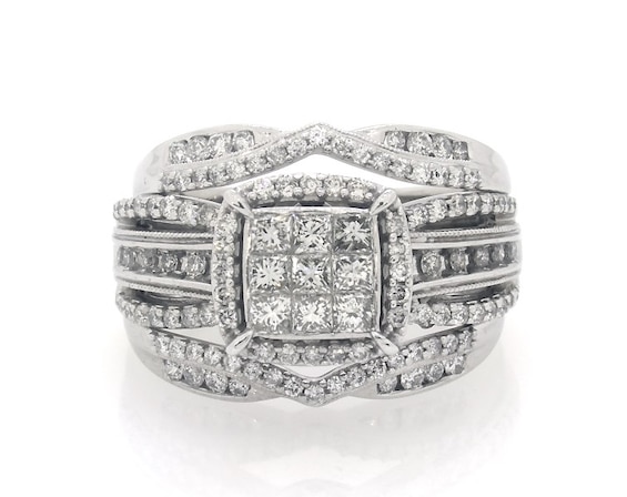 Previously Owned Princess-Cut Multi-Diamond Halo Bridal Set 1-1/4 ct tw 10K & 14K White Gold Size 8.5