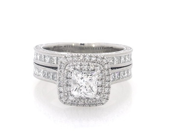 Previously Owned Neil Lane Princess-Cut Diamond Double Halo Bridal Set 2-1/6 ct tw 14K White Gold Size 5.25