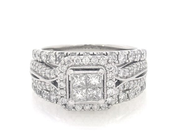 Previously Owned Princess-Cut Quad Diamond Halo Bridal Set 1-7/8 ct tw 14K White Gold Size 8.25