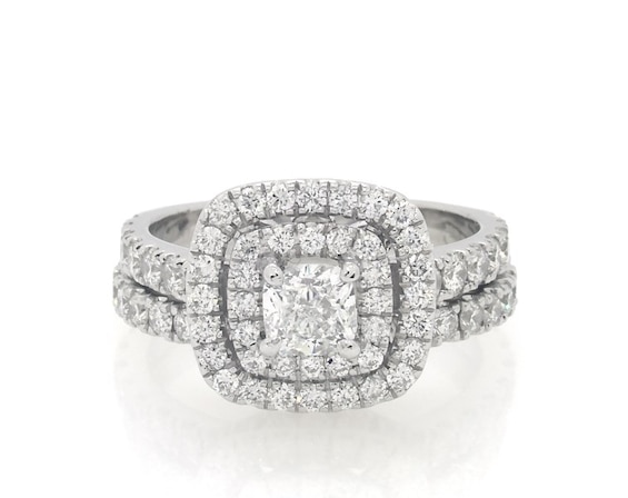 Previously Owned Neil Lane Cushion-Cut Diamond Double Halo Bridal Set 1-1/2 ct tw 14K White Gold Size 4.75
